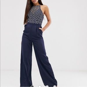 ASOS TALL navy satin/lace jumpsuit